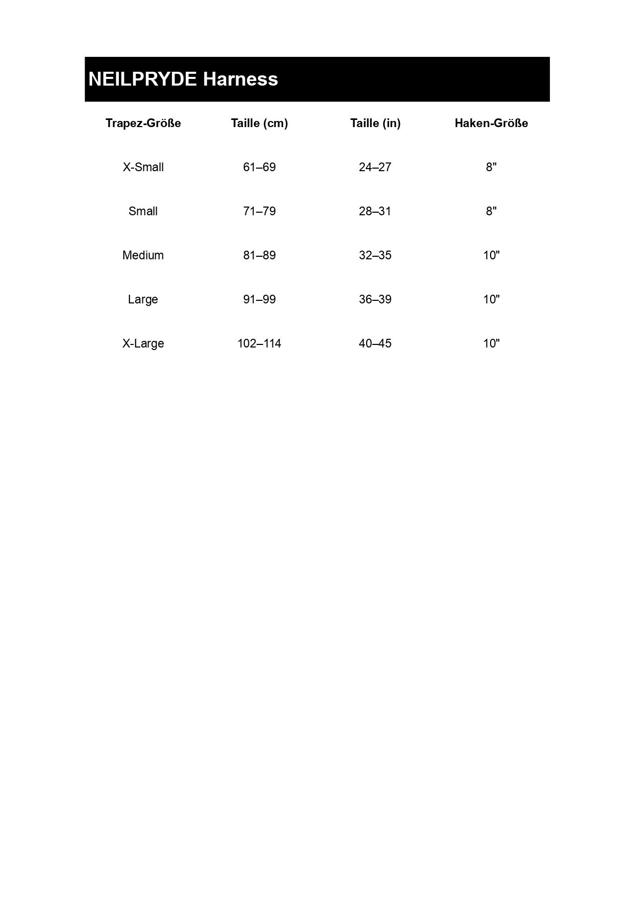 Size table