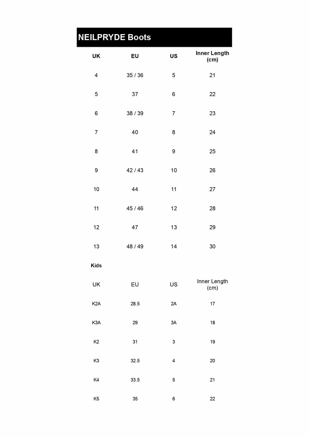 Size table