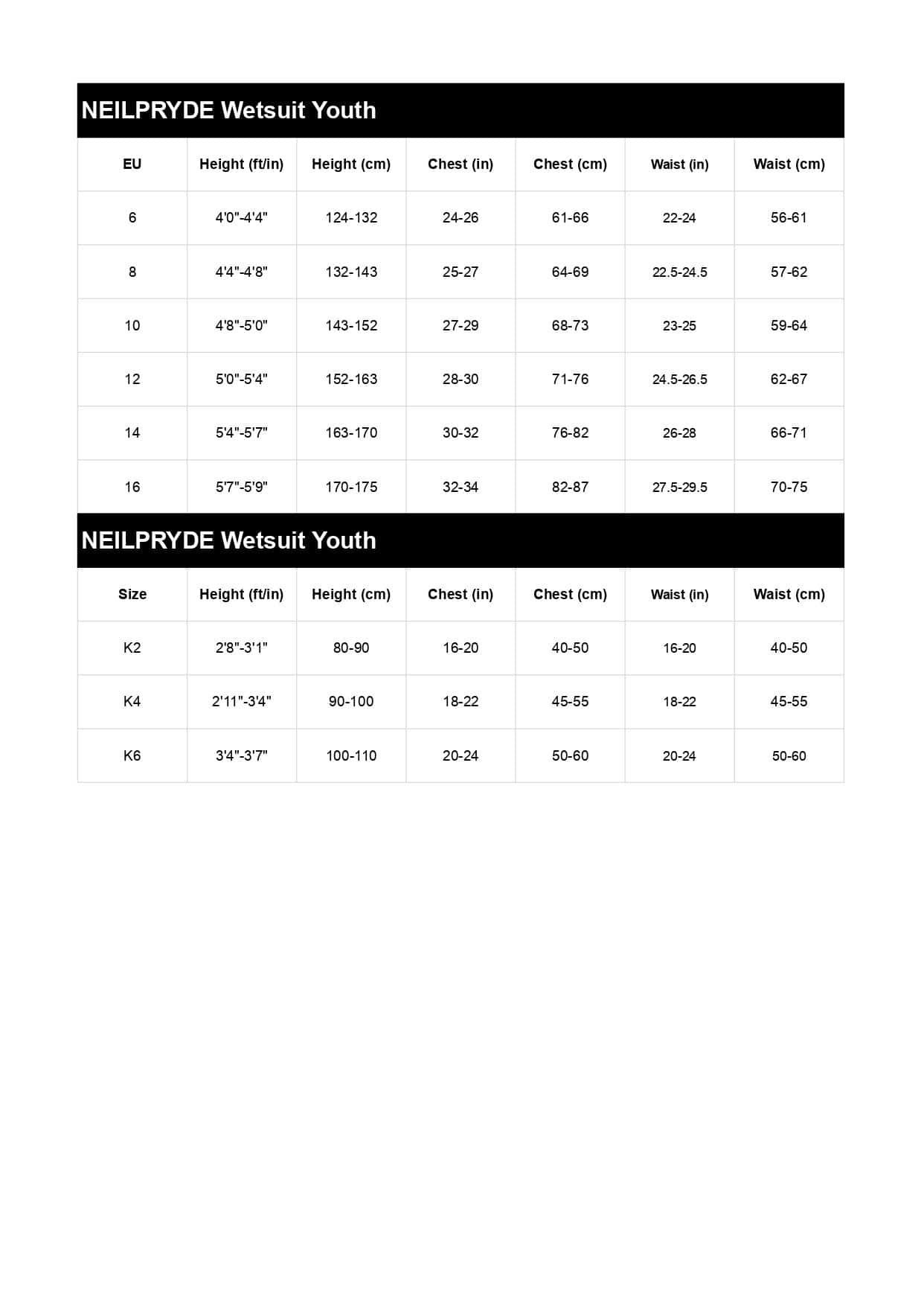 Size table