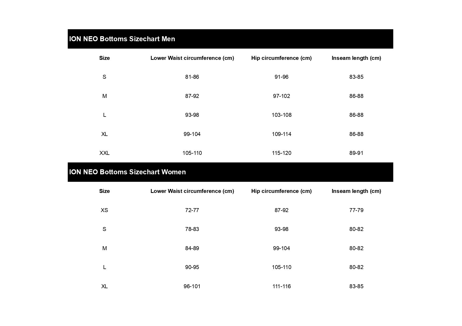 Size table